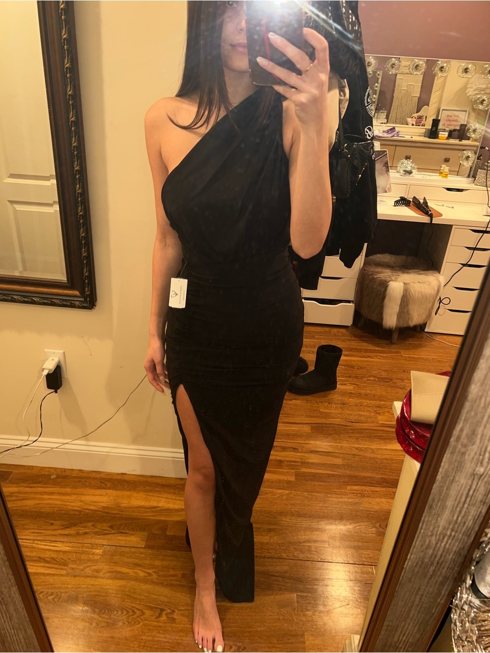 Windsor Black One-Shoulder Evening Gown with Thigh Slit